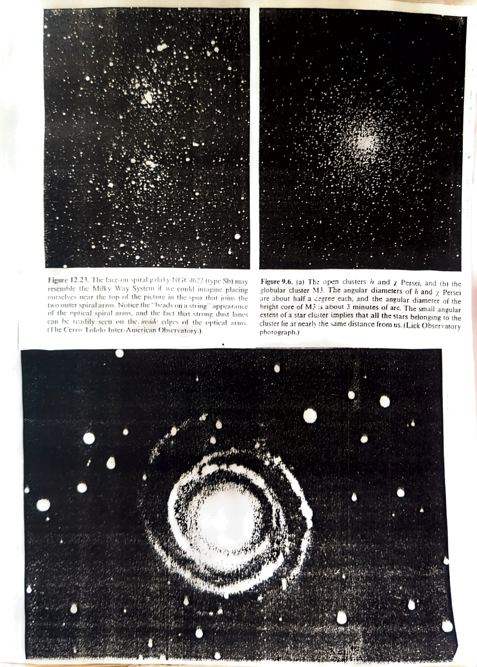 Open clusters h and chi Persei, globular cluster M3, and face-on spiral galaxy NGC 4622