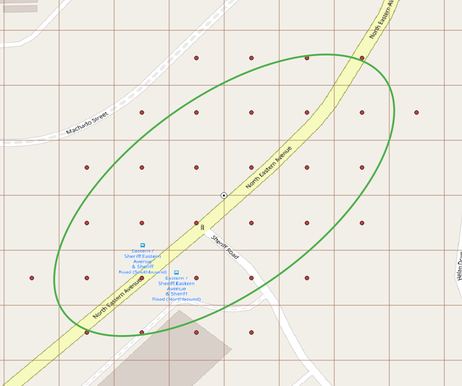 Location uncertainty ellipse with evaluation grid points